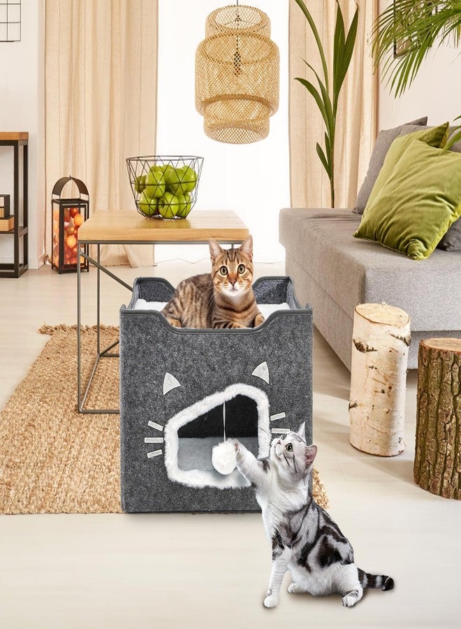 Acshio Cat House for Indoor Cats, Large Covered Cat Bed with Cushion Pad Fluffy Ball Hanging, Foldable Cute Cat Cave Bed Cat Condo Hideaway for Pet Cats, Multi Small Pet, Grey - Image 5
